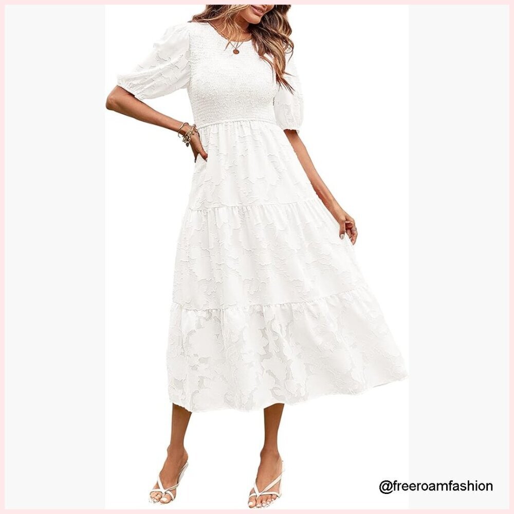Puff Sleeve Smocked Floral Midi Dress, Crewneck Lace Tiered Summer Dress
